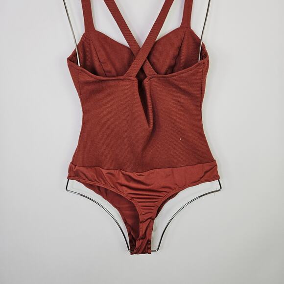 Lulus Bodysuit Medium Dusty Rose Pink Ribbed One Piece Cross Back Sleeveless - Picture 8 of 16